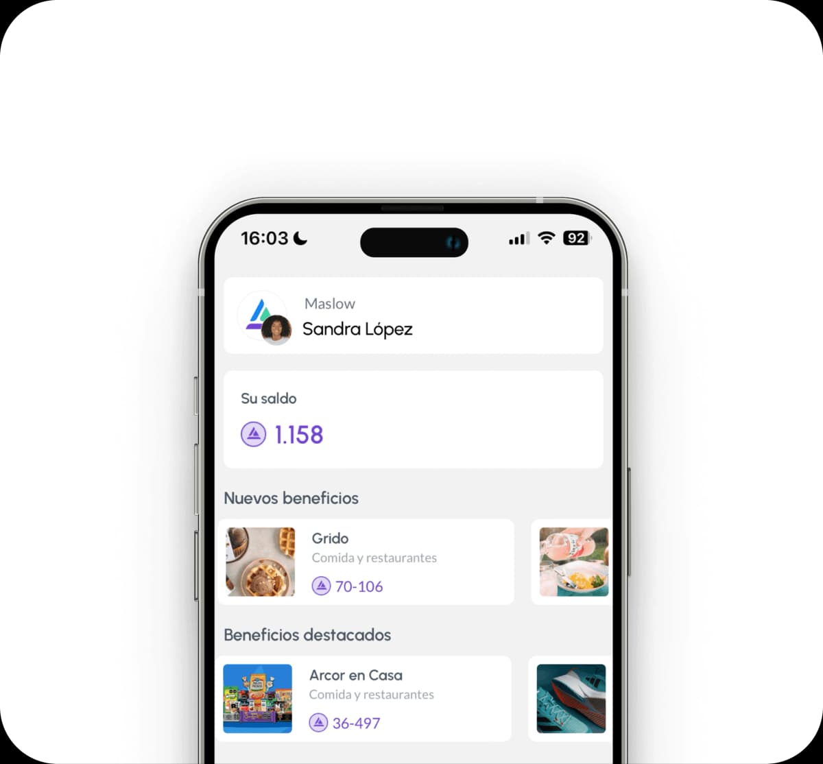 Maslow mobile app showing benefits and discounts