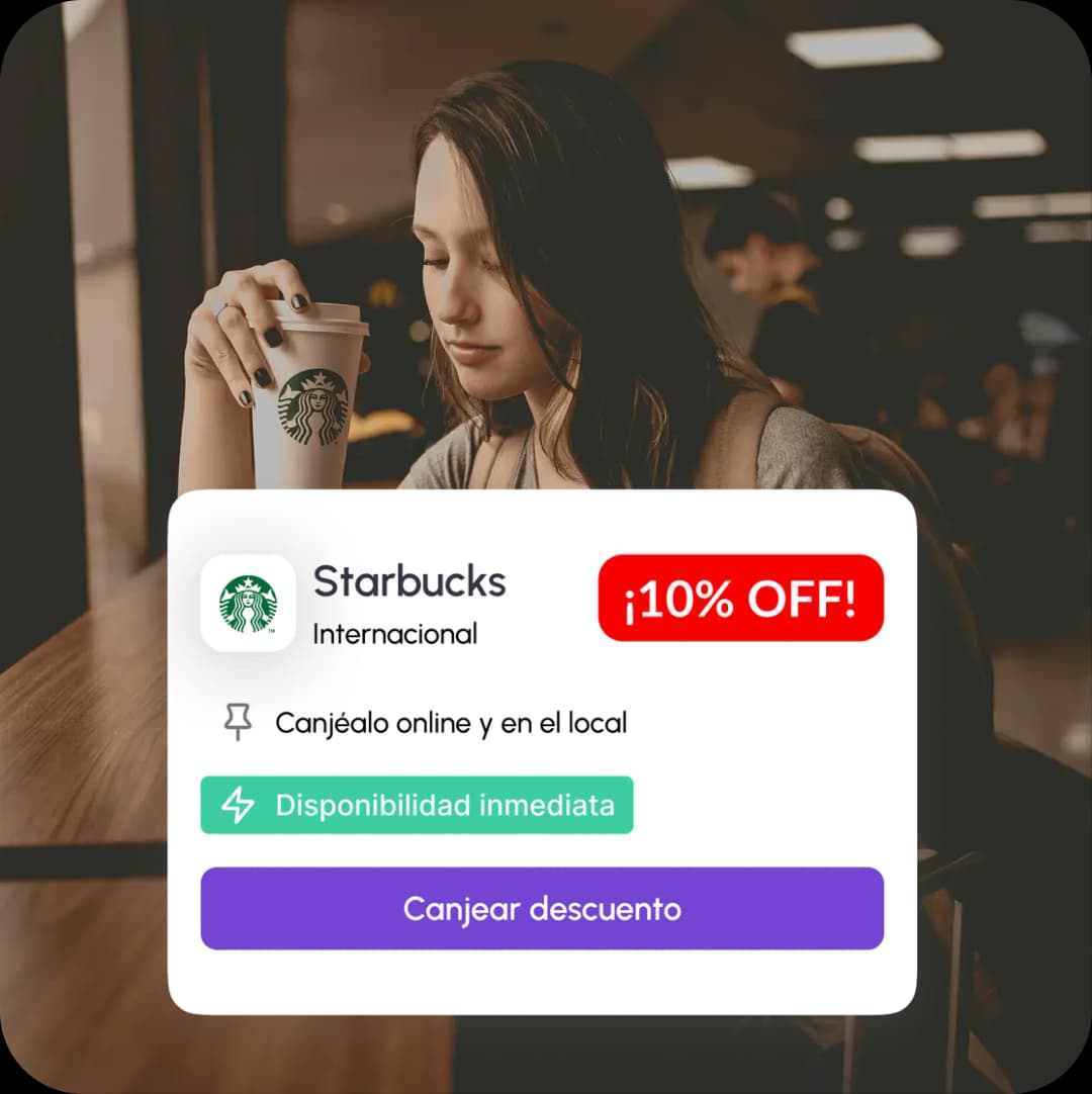Woman with Starbucks coffee and 10% OFF discount card