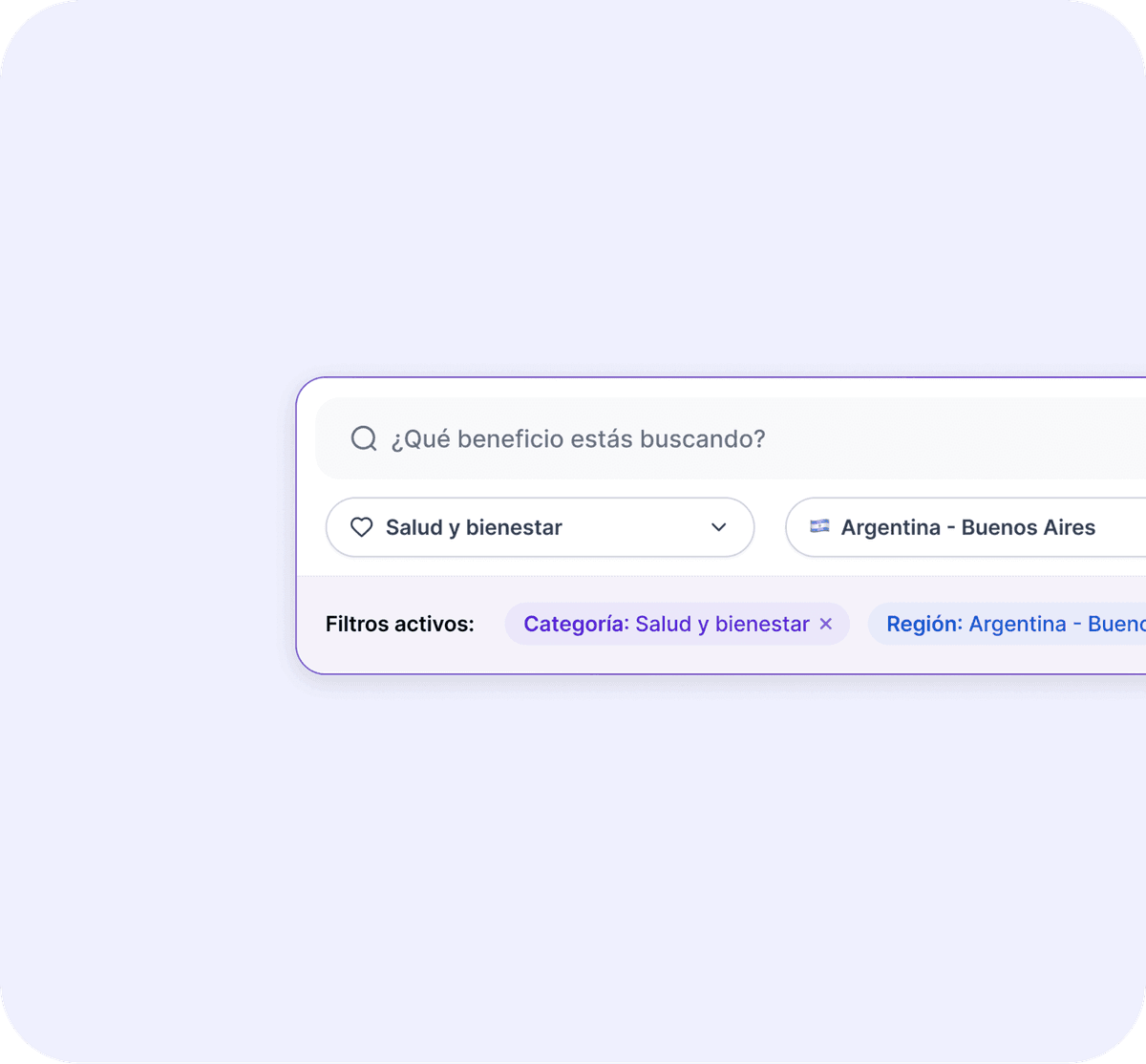 Interface de busca e filtro de benefícios