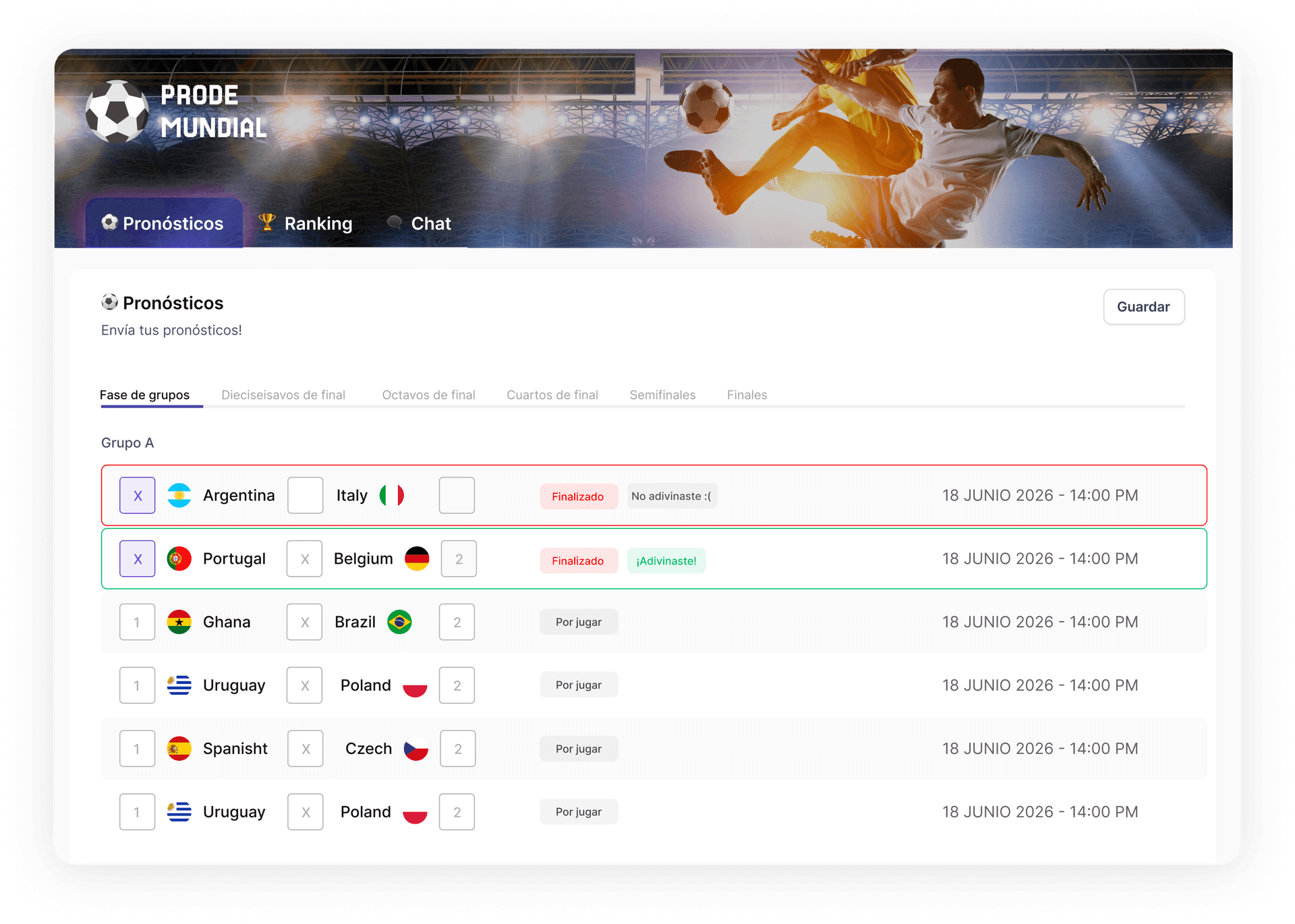 Tela de palpites do Bolão da Copa