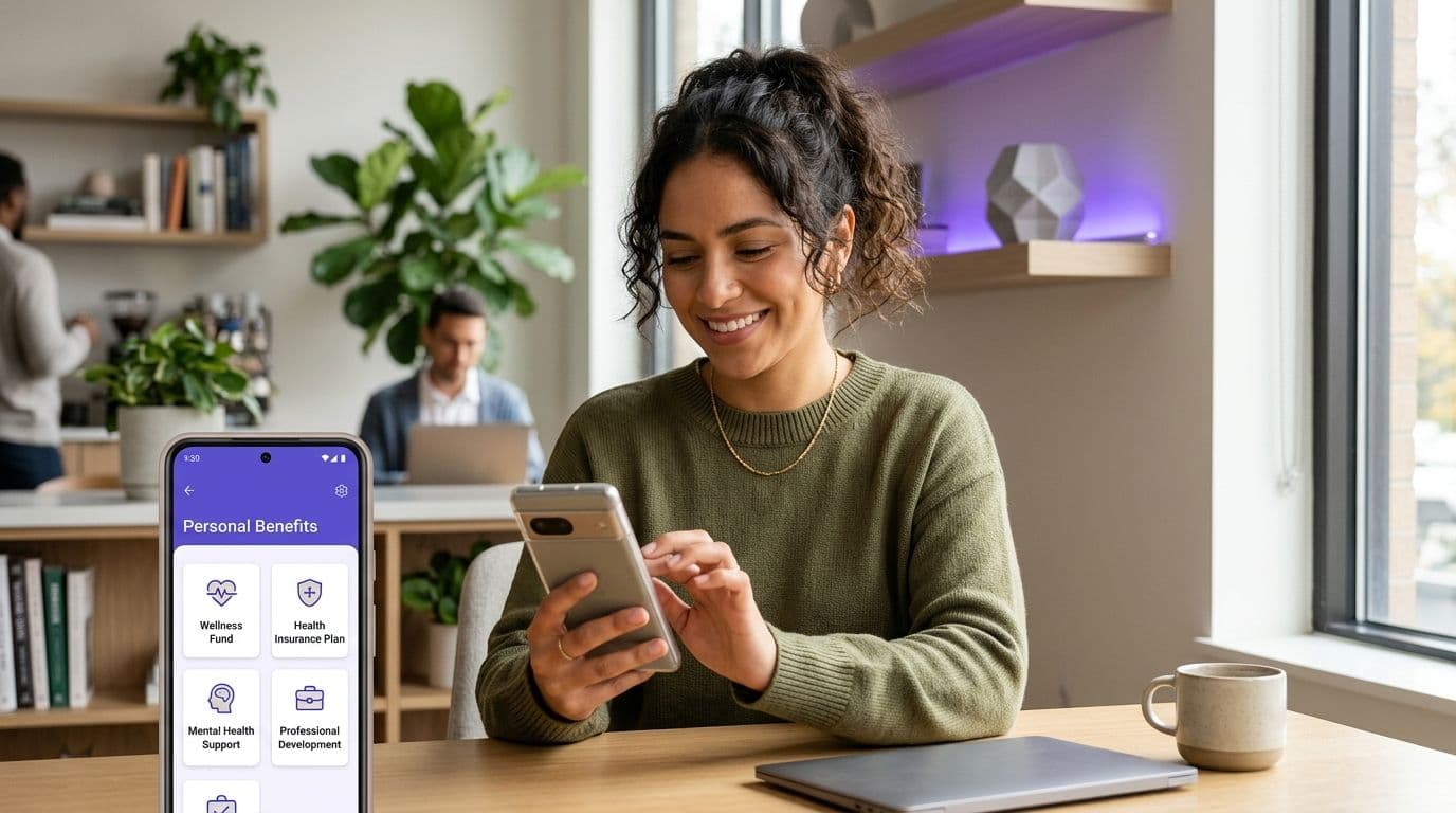 Profesional sonriendo mientras elige sus beneficios personales en el celular en un espacio de trabajo luminoso