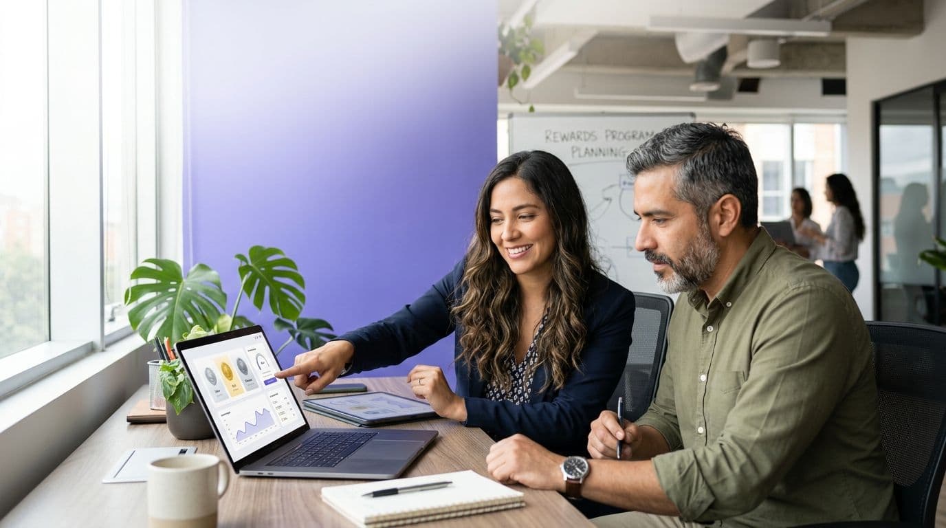 Dois profissionais de marketing desenham um programa de fidelidade em um laptop com um painel de pontos e níveis