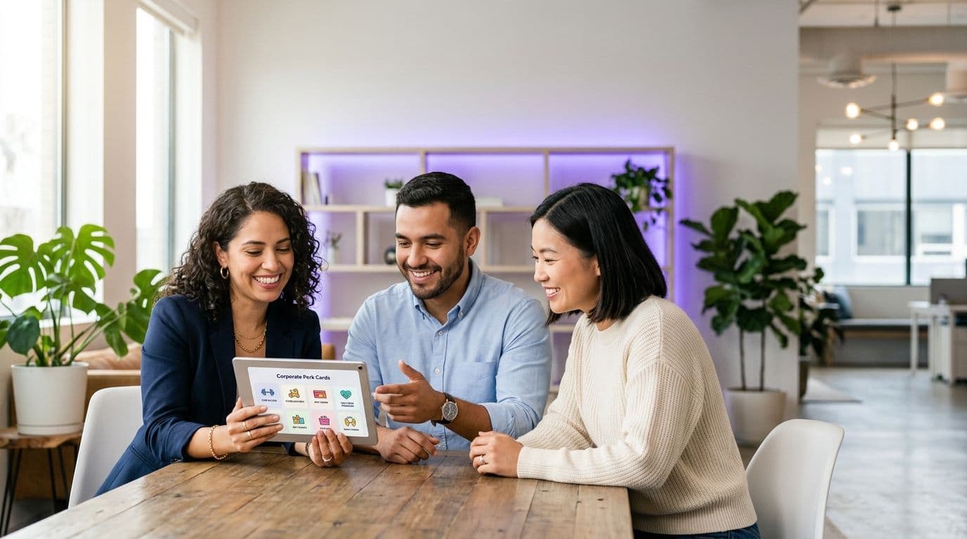 Three professionals in a modern office reviewing a tablet showing a corporate benefits club