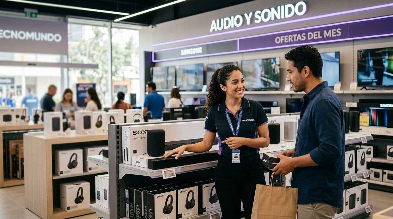 Saleswoman in an electronics store advising a customer in front of the product shelf