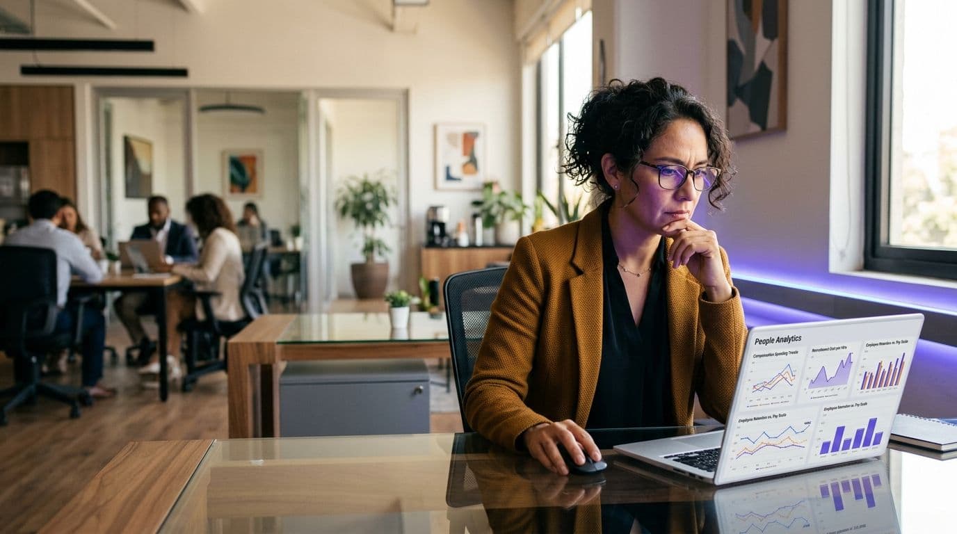 Líder de RRHH analizando gráficos de people analytics en una laptop en una oficina moderna