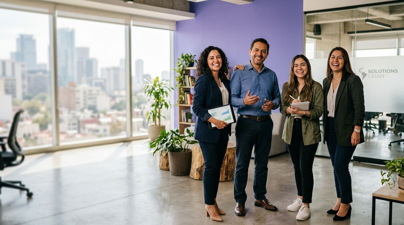 Equipo comercial diverso y sonriente de pie en una oficina moderna luminosa