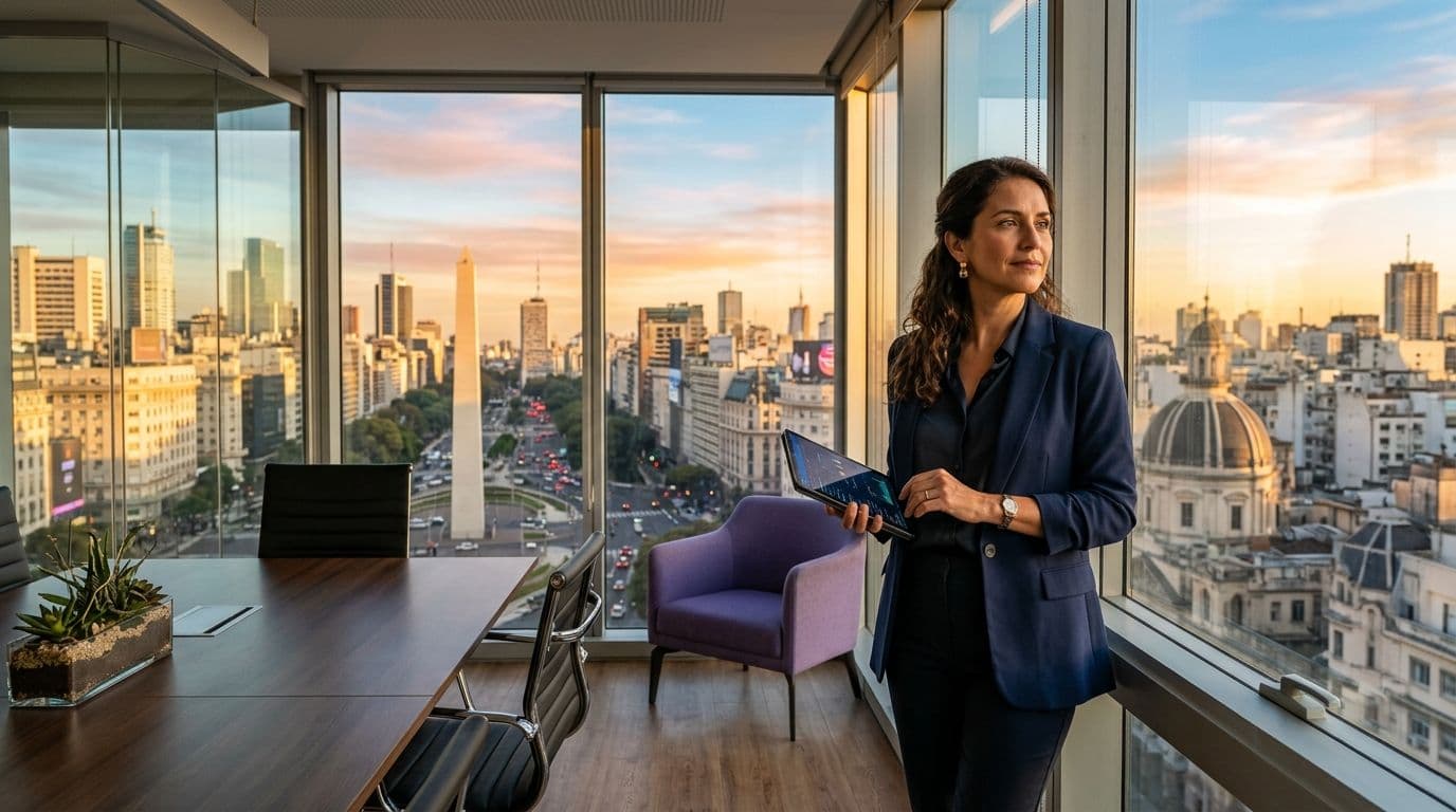 CEO de una empresa observando el horizonte de la ciudad desde una sala de reuniones moderna al atardecer