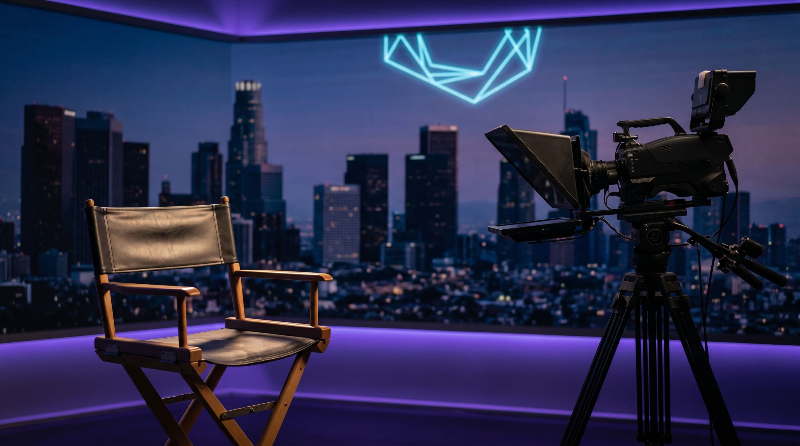 Set de televisão profissional com cadeira de diretor vazia e câmera broadcast em frente a skyline urbana ao entardecer com iluminação roxa — entrevista da Maslow