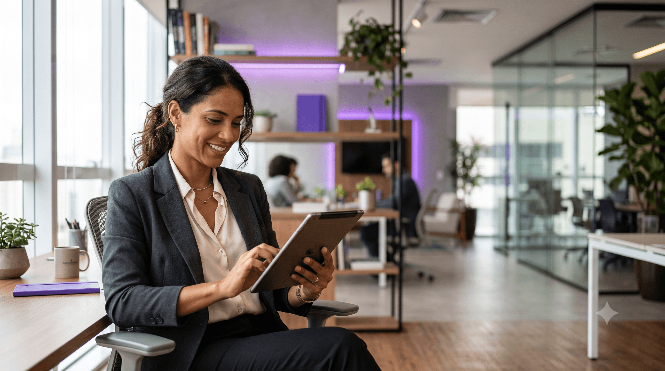 Ejecutiva latinoamericana revisando un panel de partnership en una tablet, en una oficina moderna con iluminación violeta sutil de fondo