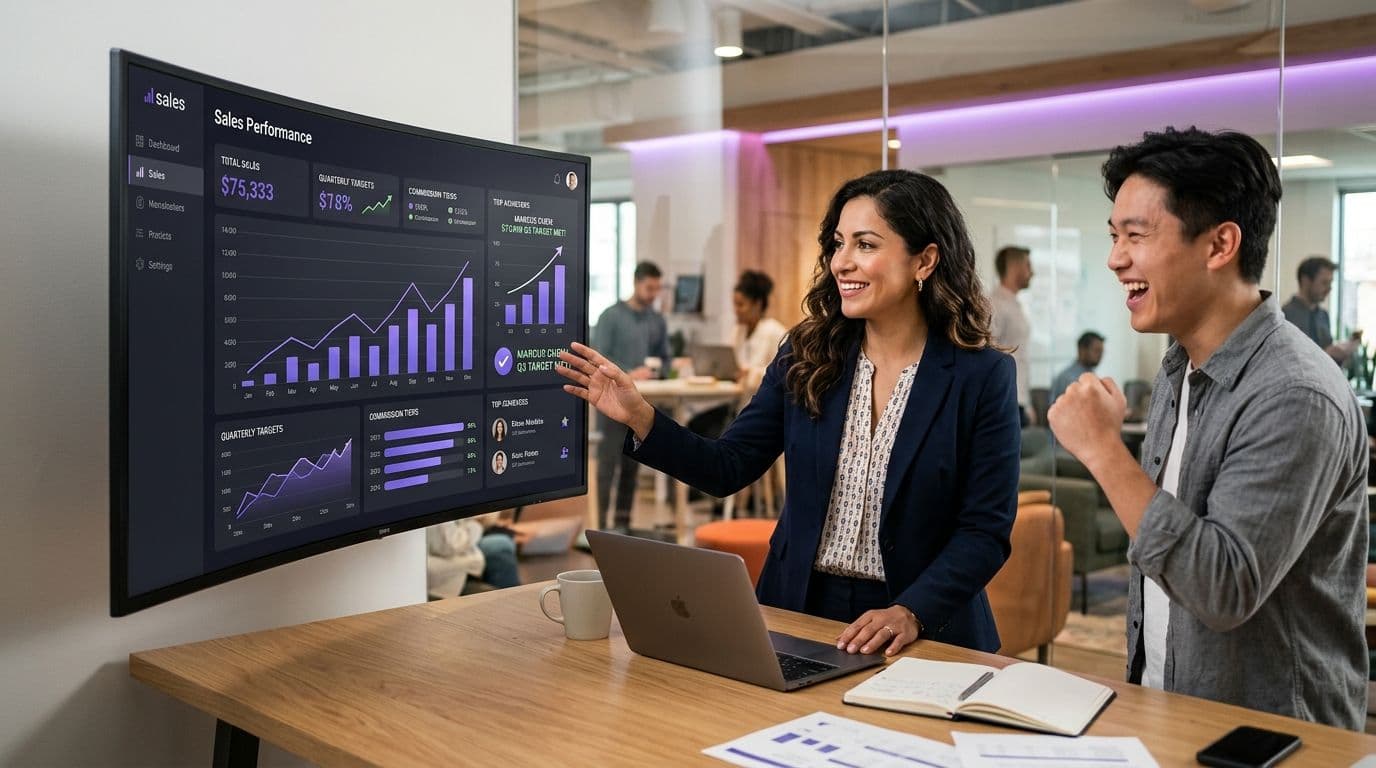 Una líder de ventas revisa un dashboard de comisiones e incentivos con su equipo