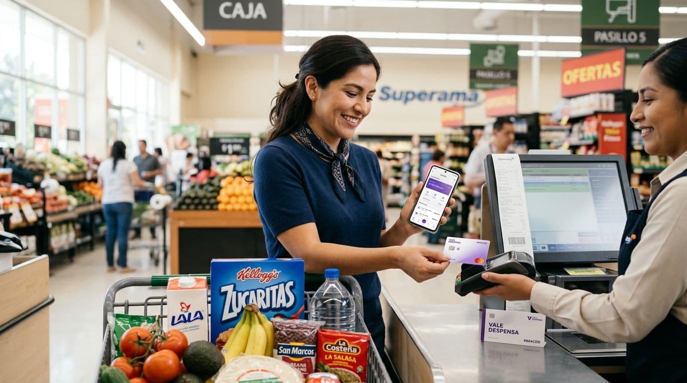Uma colaboradora no México paga suas compras no supermercado com um cartão de benefícios flexível