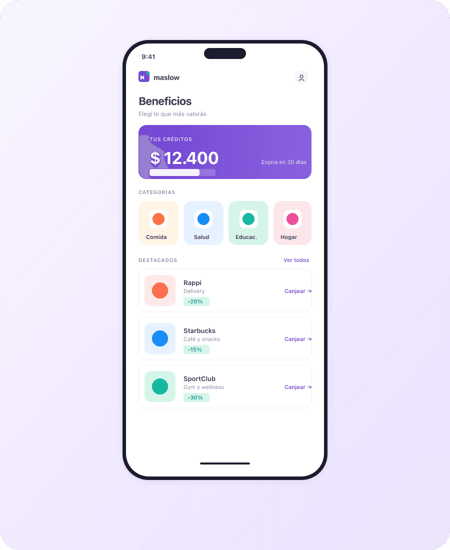 App de beneficios de Maslow mostrando creditos, categorias y marketplace