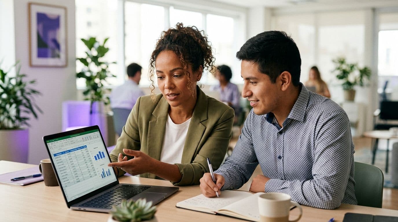 Una gerente comercial y un vendedor revisando juntos una planilla de comisiones en una laptop