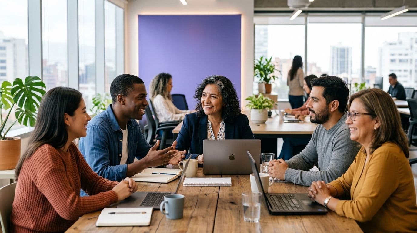 Equipo diverso de profesionales conversando de forma distendida alrededor de una mesa en una oficina luminosa