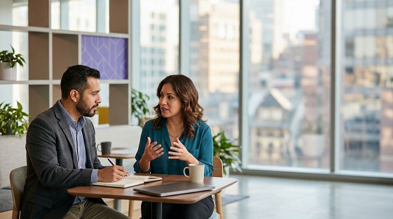 Dos colaboradores teniendo una conversación de feedback uno a uno en una oficina moderna