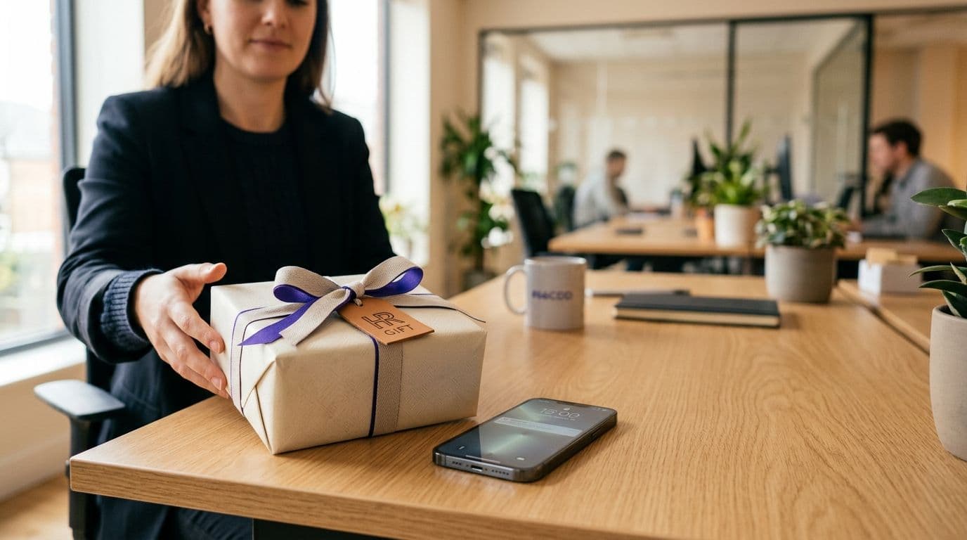 Una persona entregando un regalo corporativo envuelto con moño violeta sobre un escritorio en una oficina luminosa