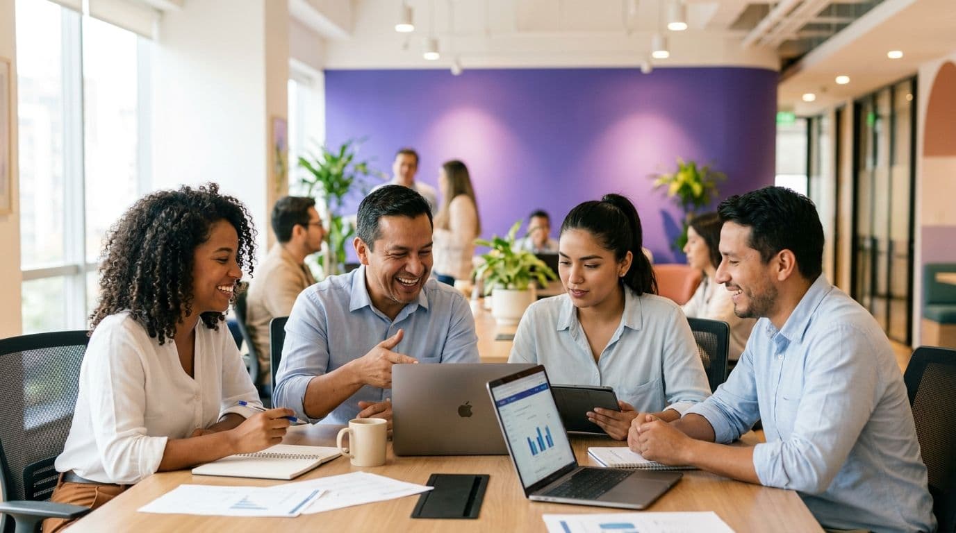Equipo diverso y motivado colaborando con entusiasmo alrededor de una laptop en una oficina luminosa