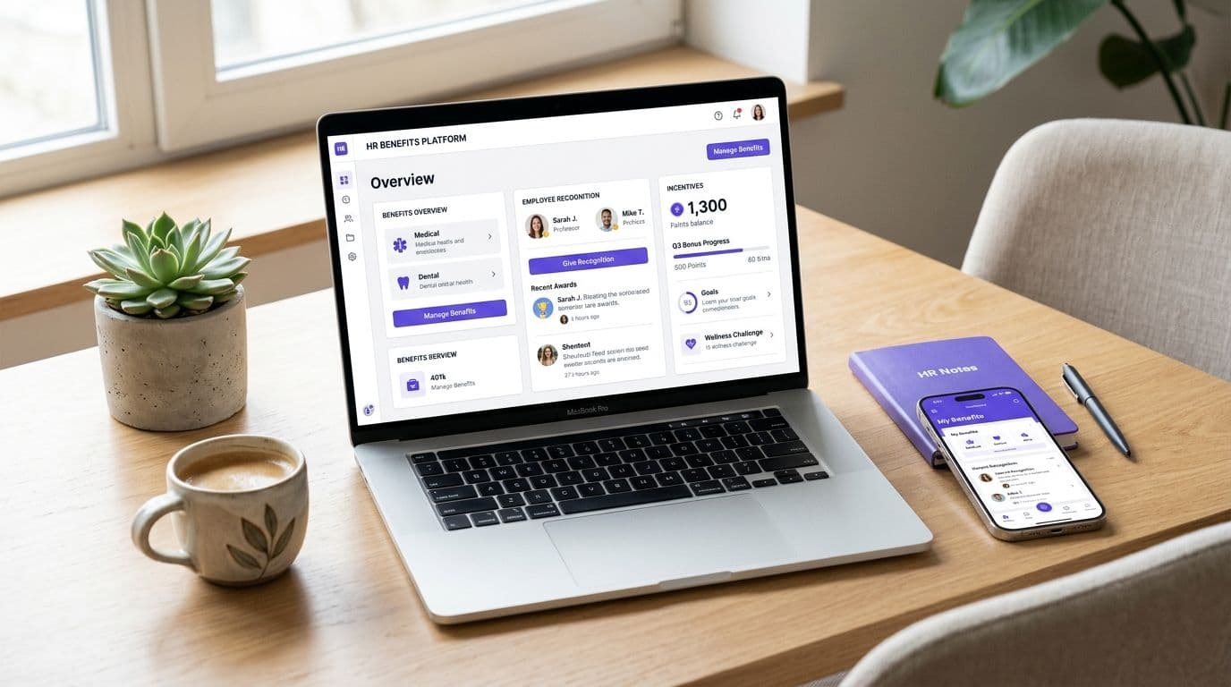 Una laptop muestra el dashboard de la plataforma de beneficios, reconocimientos e incentivos de Maslow