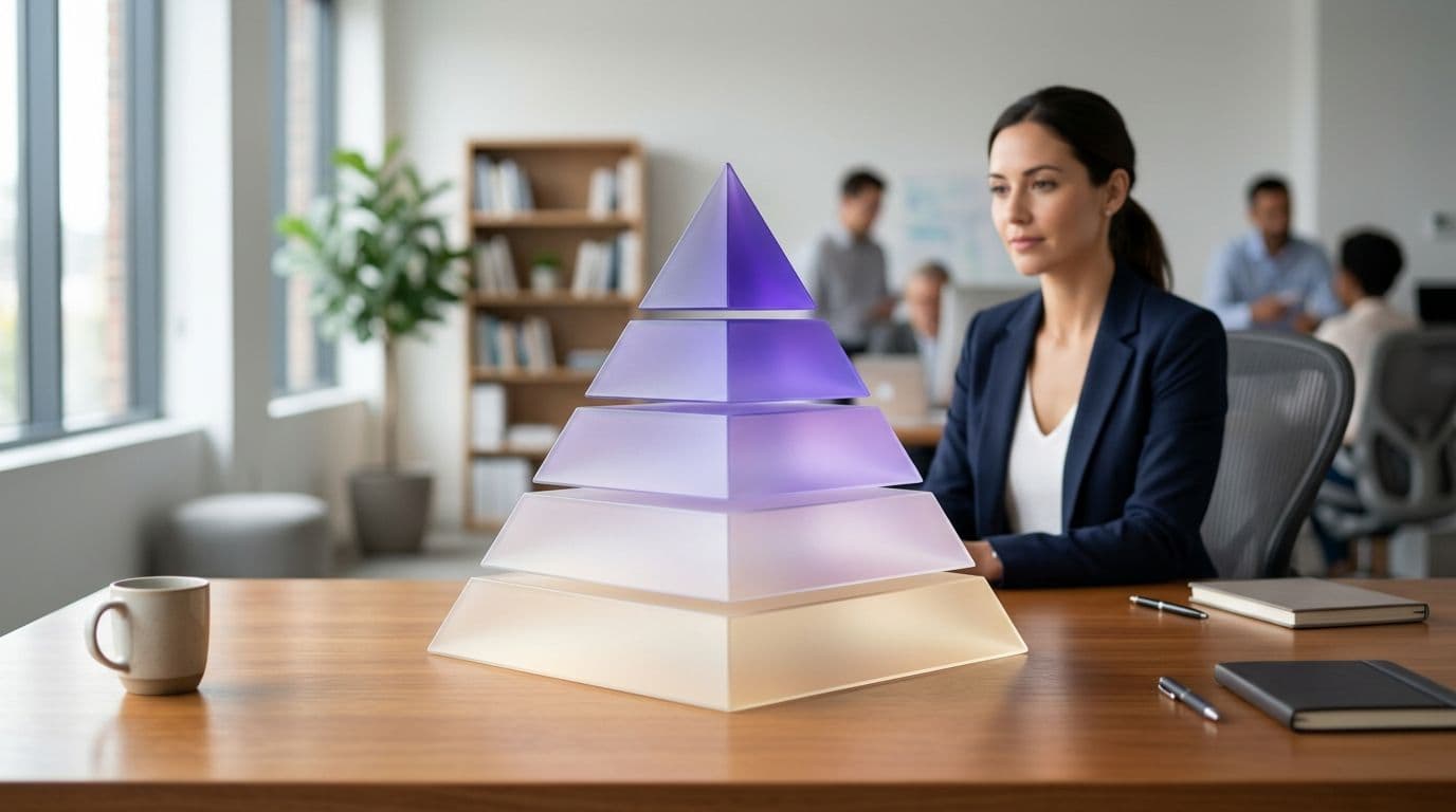 Conceptual visualization of a hierarchy of needs pyramid in cream-to-violet gradient on a desk