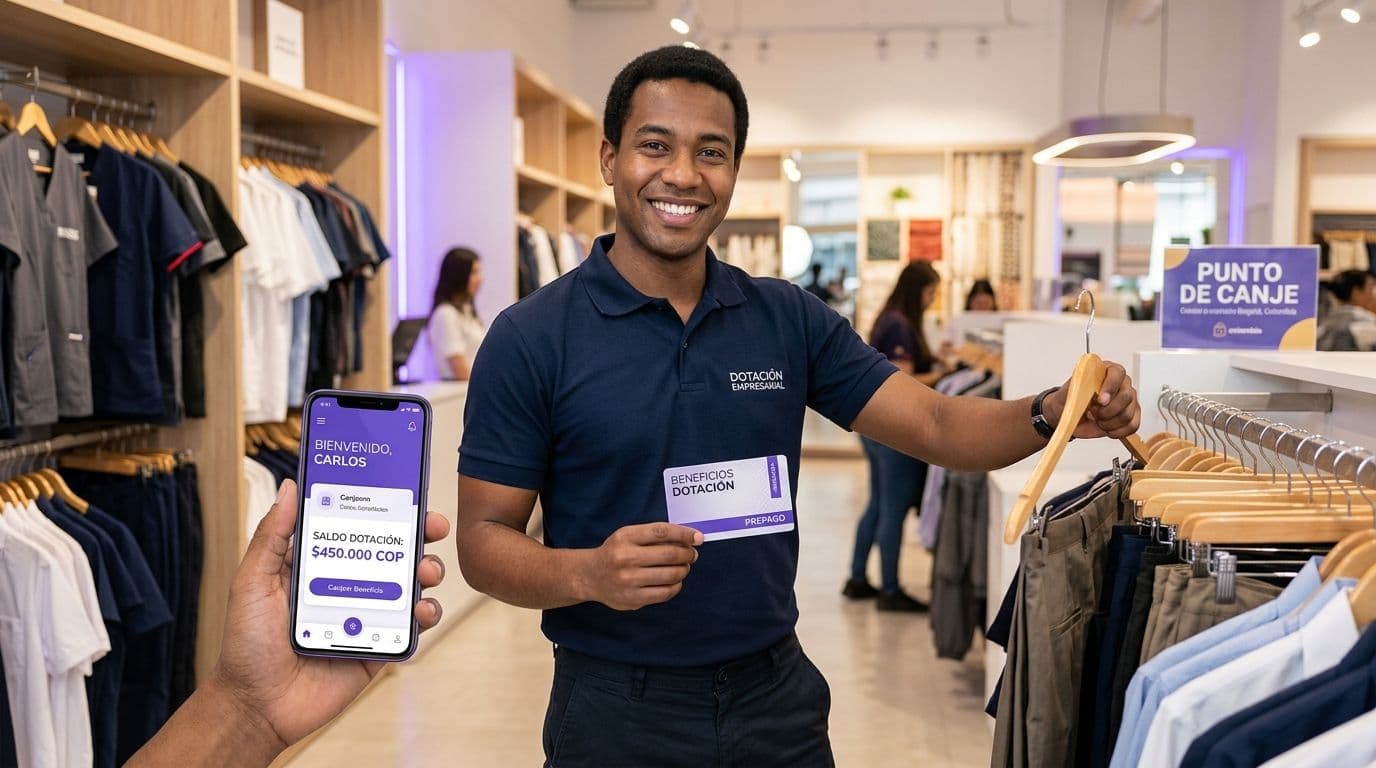 Un colaborador en Colombia elige su vestuario de trabajo en una tienda usando una tarjeta digital de dotación
