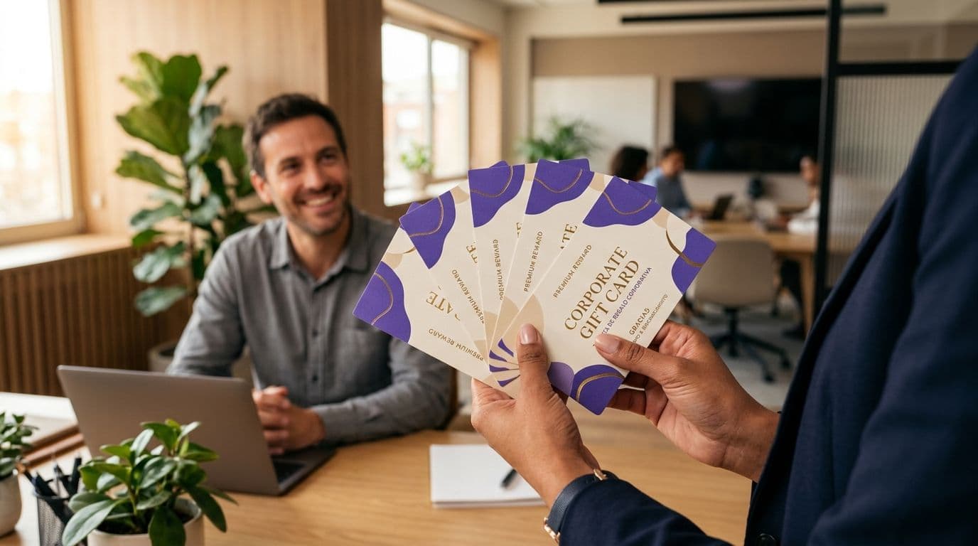 Manos sosteniendo un set de tarjetas de regalo corporativas con la paleta violeta de Maslow