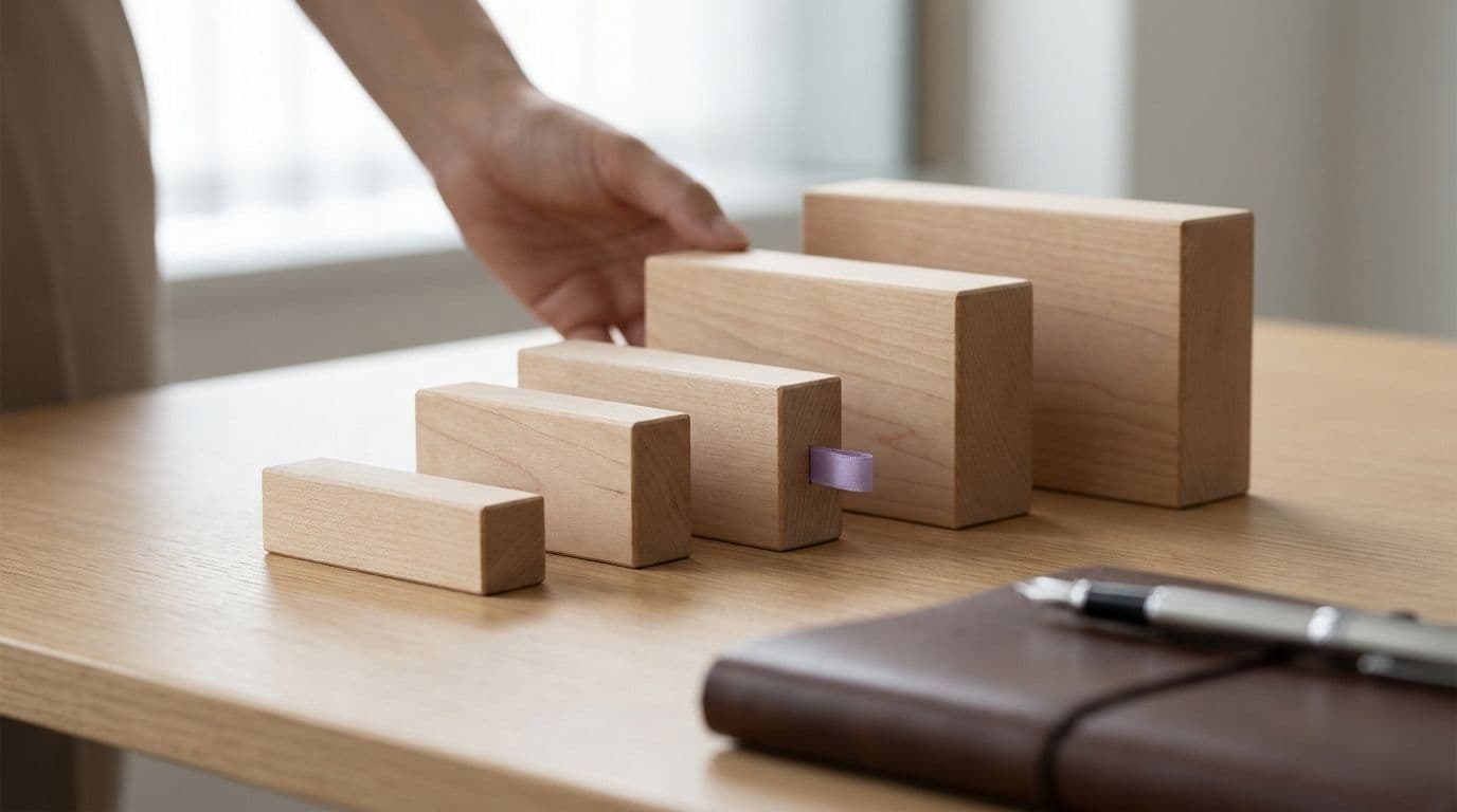Cinco blocos de madeira de tamanho crescente sobre uma mesa, com uma mão ajustando um deles: metáfora dos cinco níveis da pirâmide de Maslow aplicados à empresa.