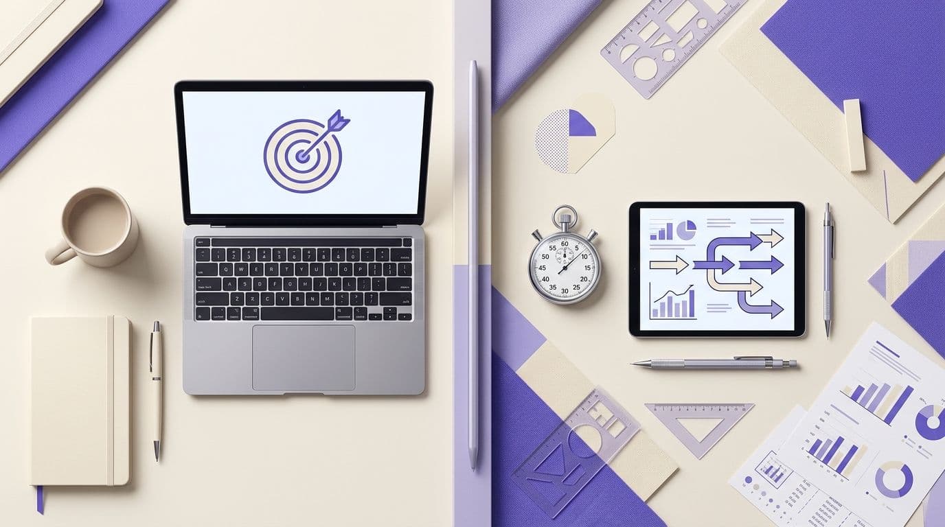 Flat lay composition contrasting effectiveness (focus on the target) with efficiency (optimized flow)