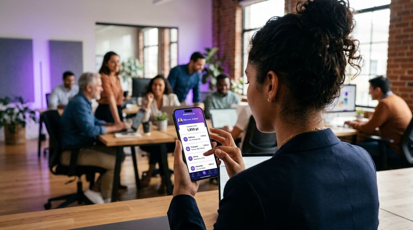 Una persona usa la app de un club de beneficios en su teléfono con un equipo de fondo