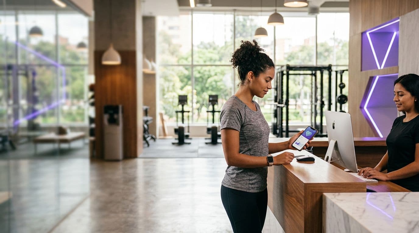 A person checking in with their smartphone at the reception of a modern gym