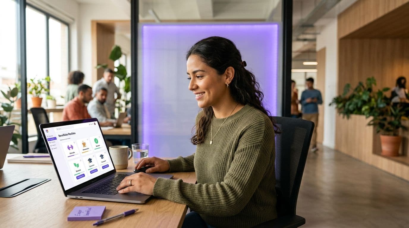 Una colaboradora personaliza sus beneficios flexibles en una laptop en una oficina moderna