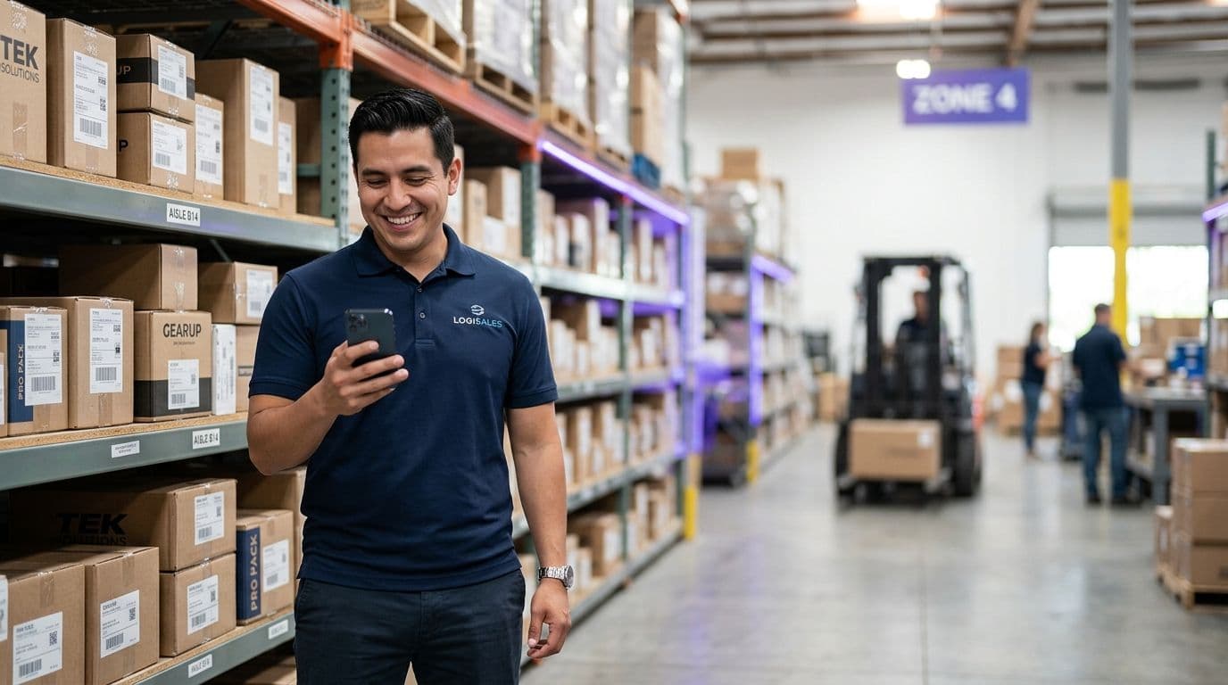 Vendedor de un distribuidor sonriendo mientras mira su celular junto a estanterías de productos en un depósito