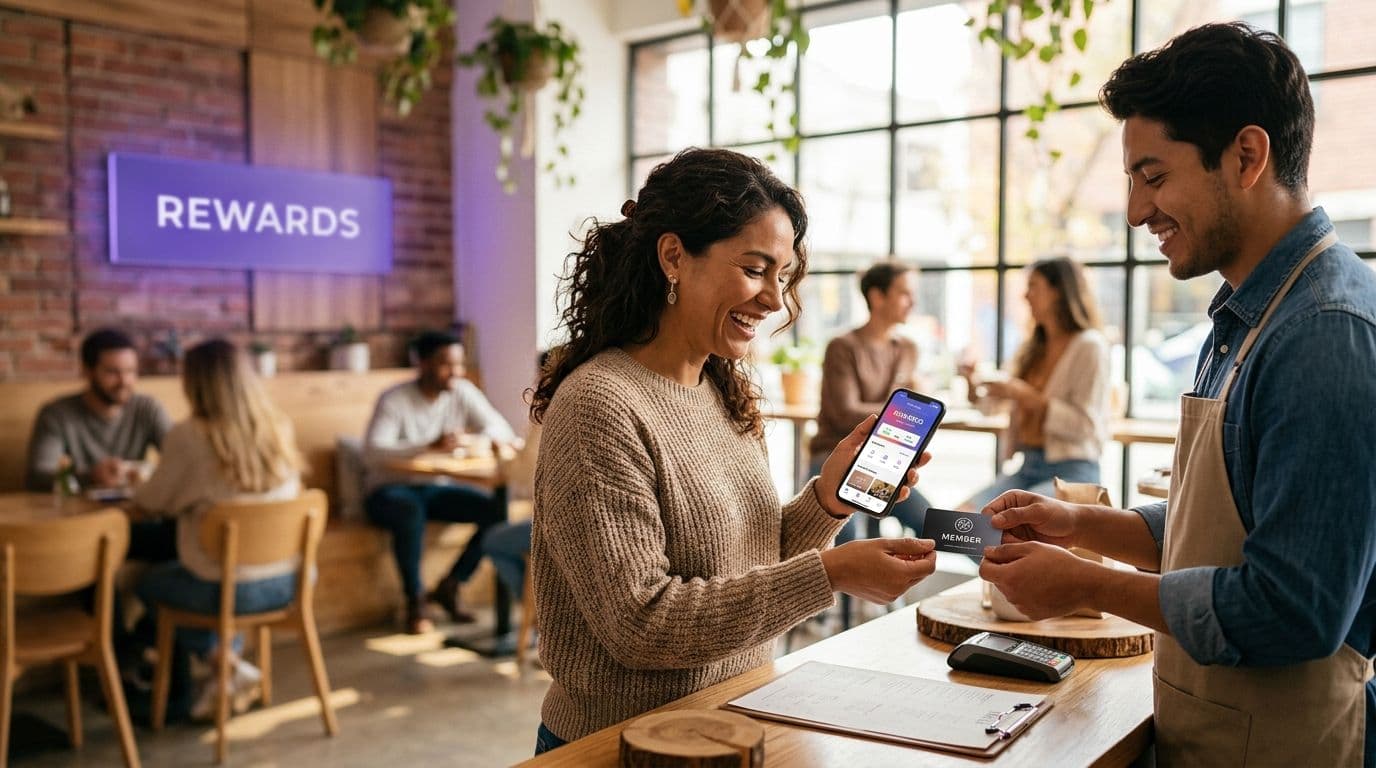 Clienta sonriente consulta una app de fidelización en su teléfono mientras recibe una tarjeta de socio en una cafetería