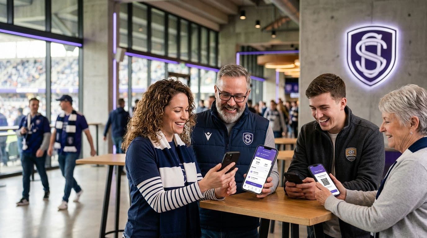 Socios de un club usando una app de membresía y fidelización en un espacio moderno