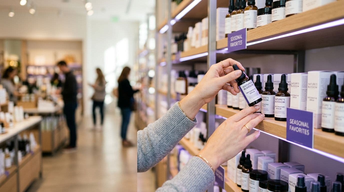 Manos de una clienta tomando un producto de una góndola bien surtida en una tienda
