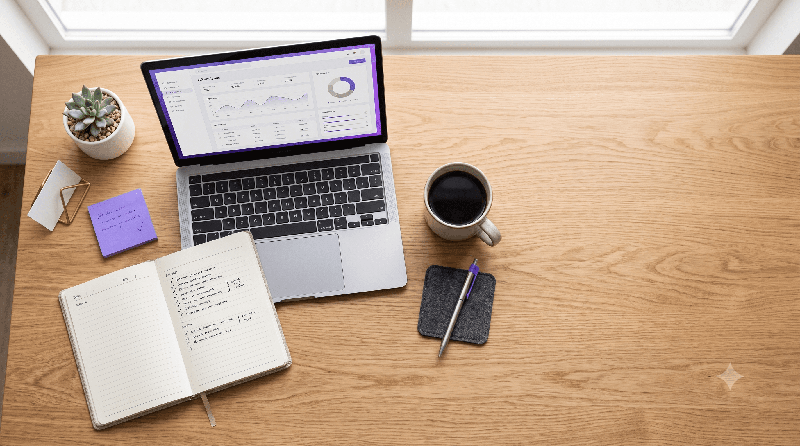 Vista cenital de un escritorio profesional con laptop mostrando un panel de analytics, cuaderno con checklist, una taza de café y una nota adhesiva violeta