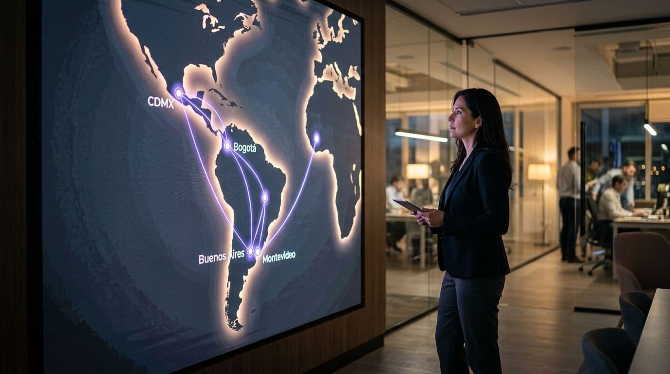 Una profesional observa un mapa de expansión internacional por Latinoamérica con ciudades conectadas