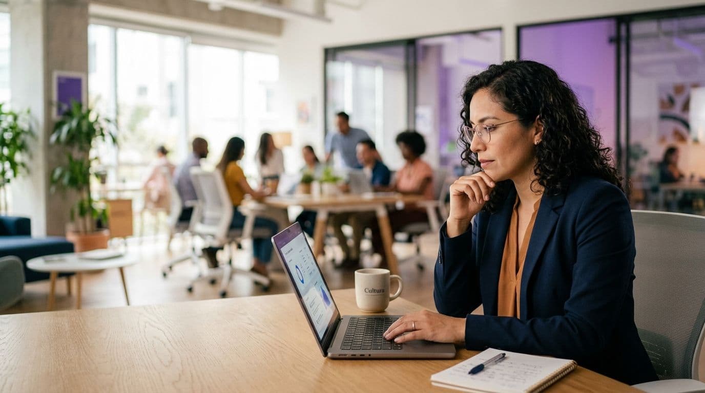An HR professional analyzing results on a laptop with her team in the background in a bright office