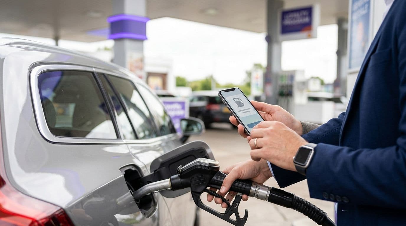 Manos cargando combustible mientras sostienen un celular con un beneficio digital en una estación de servicio