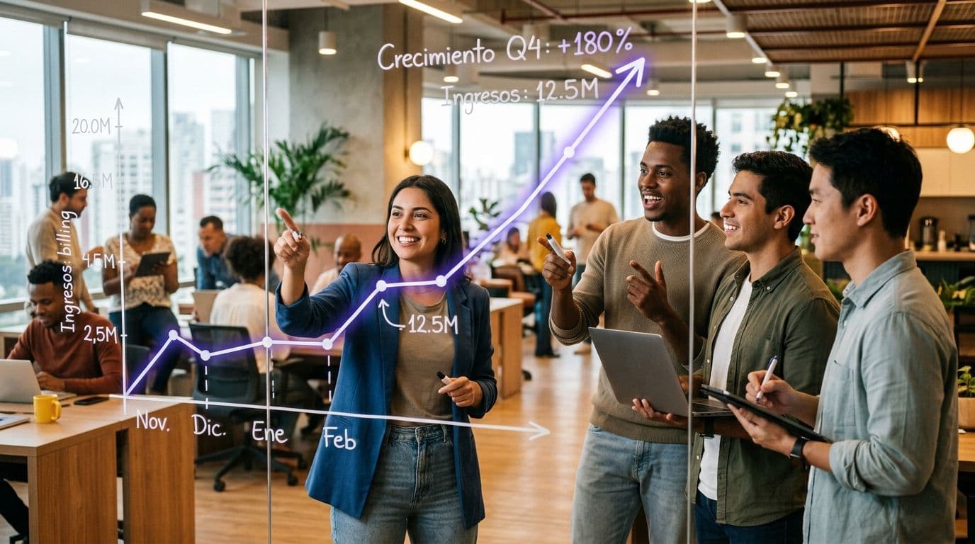 Un equipo joven y diverso celebra el crecimiento de una empresa tecnológica frente a un gráfico ascendente